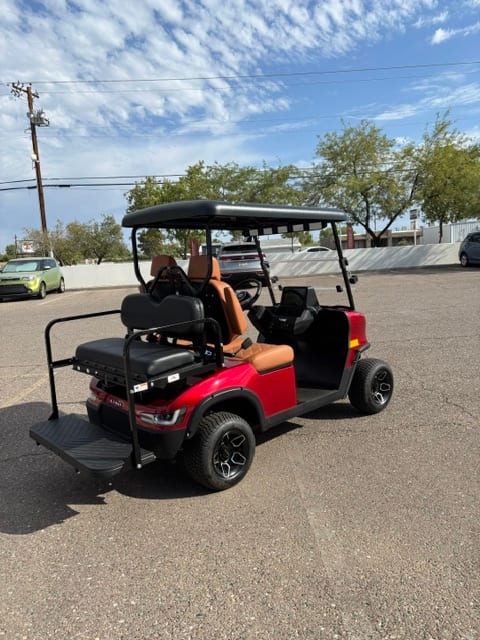 Rear view of the rear seat kit and footrest on the red KANDI GOAT