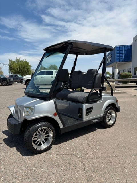 Front three-quarter view of the rebuilt silver 2018 Tomberlin with fresh paint