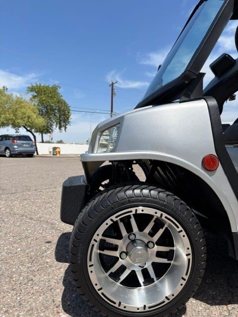 Machined-face alloy wheel and street tire on the rebuilt 2018 Tomberlin